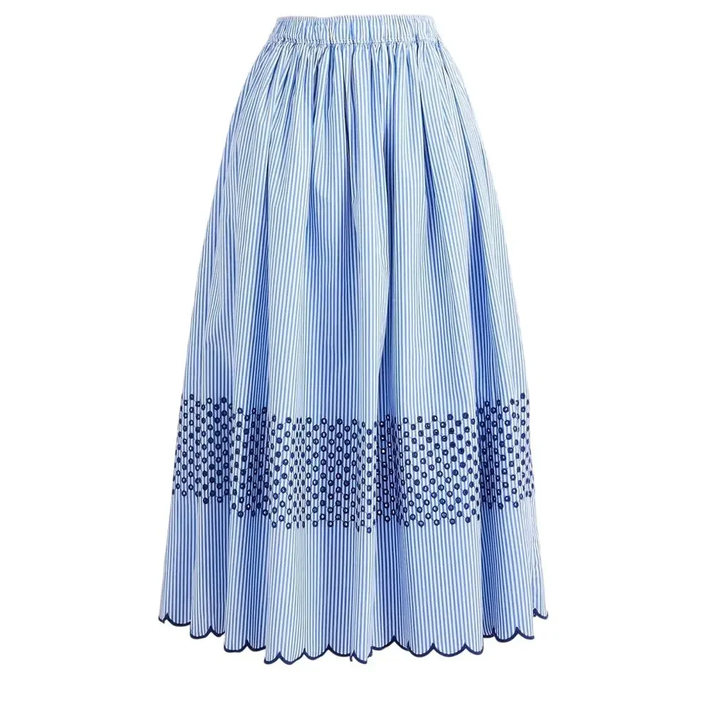J. Crew Embroidered Midi Skirt Striped Scalloped Hem Women's Blue‎ Small
